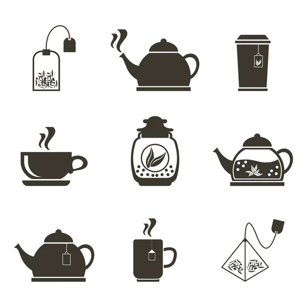 Conjunto de 9 ícones para beber chá. Pratos e vários chás . —  Vetores de Stock