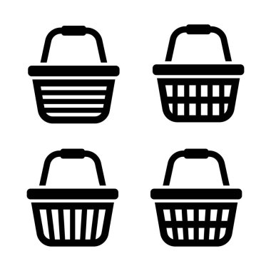 Farklı dokuma ile alışveriş sepetlerini karanlık simgelerin ayarlayın. Beyaz arka plan üzerinde düz simgeler. Vektör çizim.
