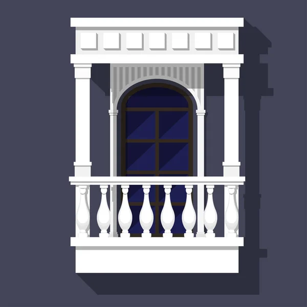Balcón de estilo clásico con balaustres, caballerizas y columnas. Ventana arqueada. Elemento arquitectónico con sombras incorporadas . — Vector de stock