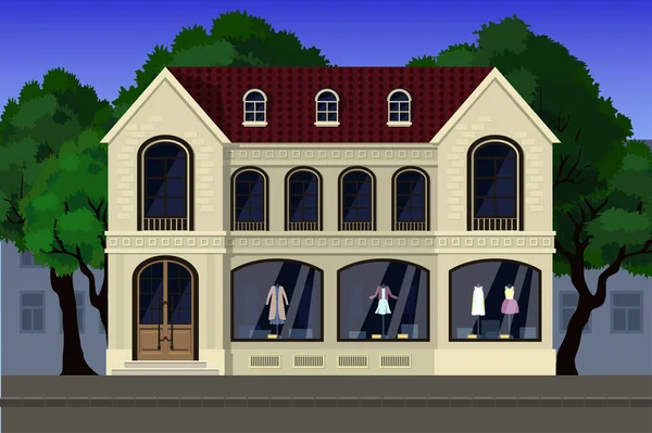 Ein Geschäft für Elitebekleidung, das sich im ersten Stock des Hauses im klassischen Stil befindet. — Stockvektor