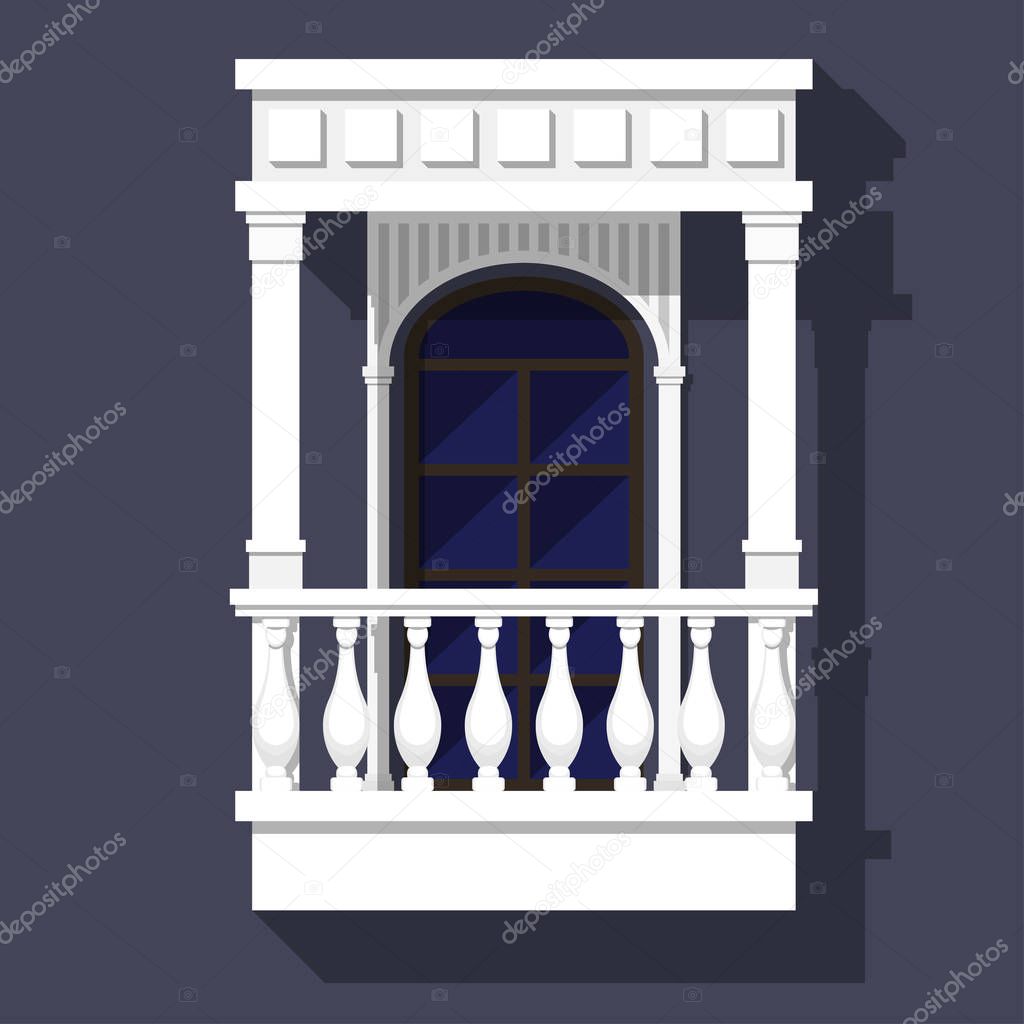 Classic style balcony with balusters, gables and columns. Arched window. Architectural element with built-in shadows.