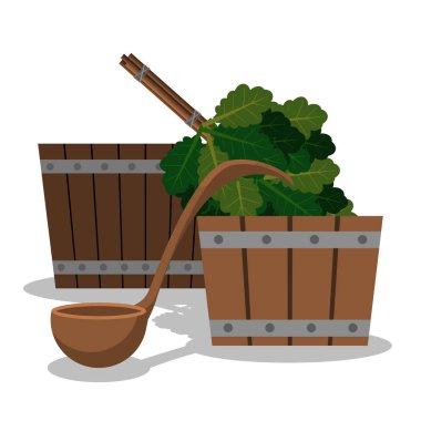 Bir sauna için iki ahşap küvet bir kaşık su ve meşe dalları üzerinden bir süpürge için ayarla..