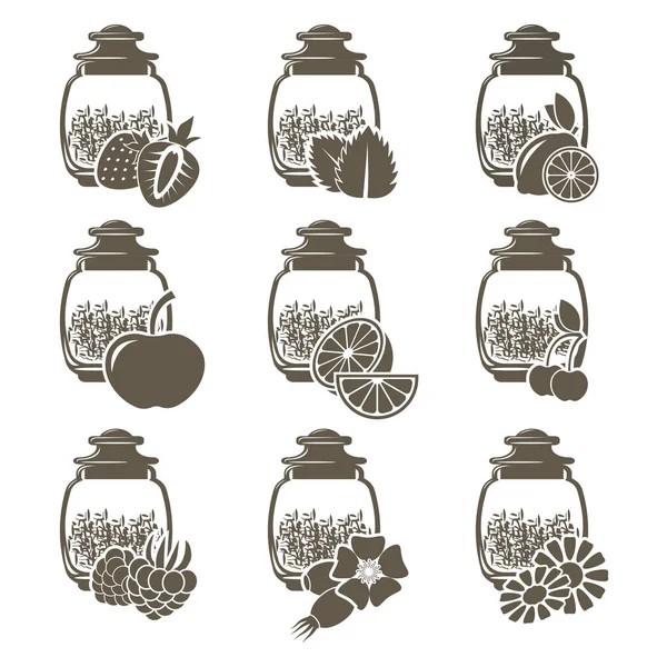 Un ensemble de 9 pots en verre de thé de poids avec différentes saveurs de fruits et d'herbes . — Image vectorielle