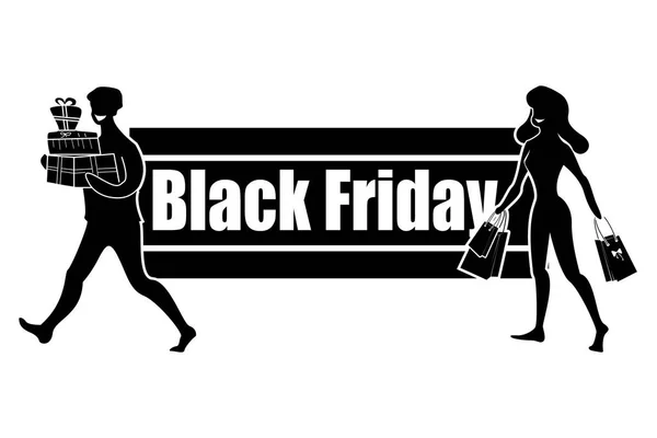 Horizontal Logo for Black Friday Day. Satisfied with good shopping buyers. People buy gifts and items on sale. — Stock Vector