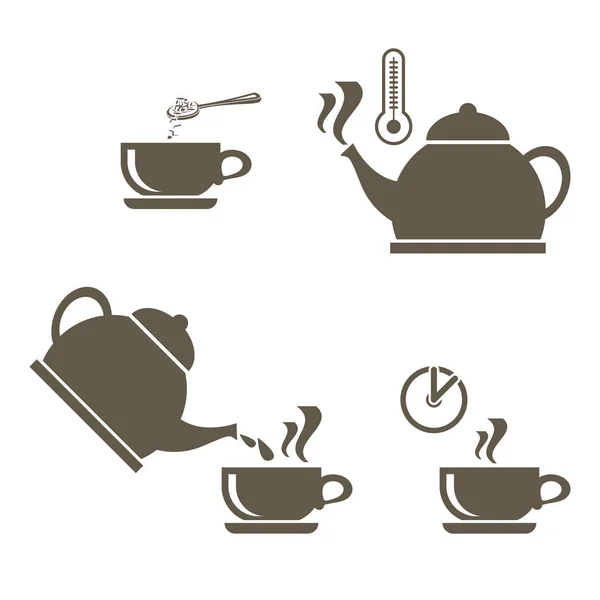 Um conjunto de ícones para preparar chá em uma xícara que inclui uma chaleira fervente com um termômetro, adicionando cerveja e tempo de espera . —  Vetores de Stock