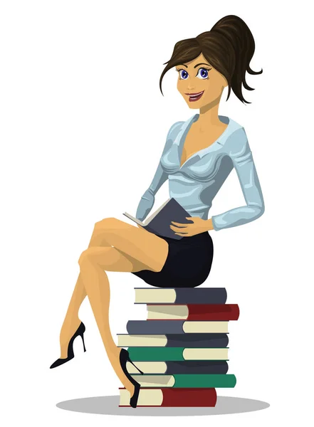 A beautiful charming girl in a deep blouse is sitting on a stack of books and holding an open book. — Stock Vector