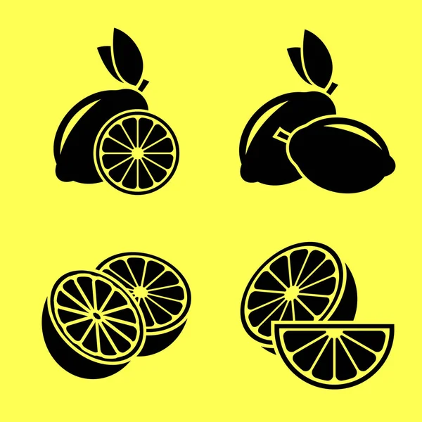 レモン。さまざまな状態のレモンのセット。黄色の背景に黒のベクトルのアイコン. — ストックベクタ