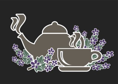 Simge kekik ile çay için ayarlayın. Sağlıklı çay. Su ısıtıcısı ve fincan kekik demleme. Vektör simgesi