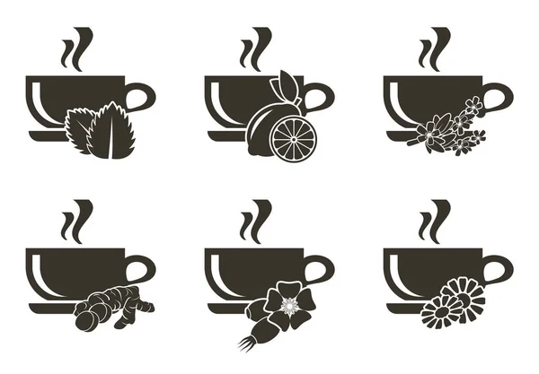 Conjunto de ícones de chá de bem-estar com sabores diferentes. Hortelã, limão, tomilho, raiz de gengibre, rosa selvagem, camomila. Chá saudável. 6 ícones vetoriais —  Vetores de Stock