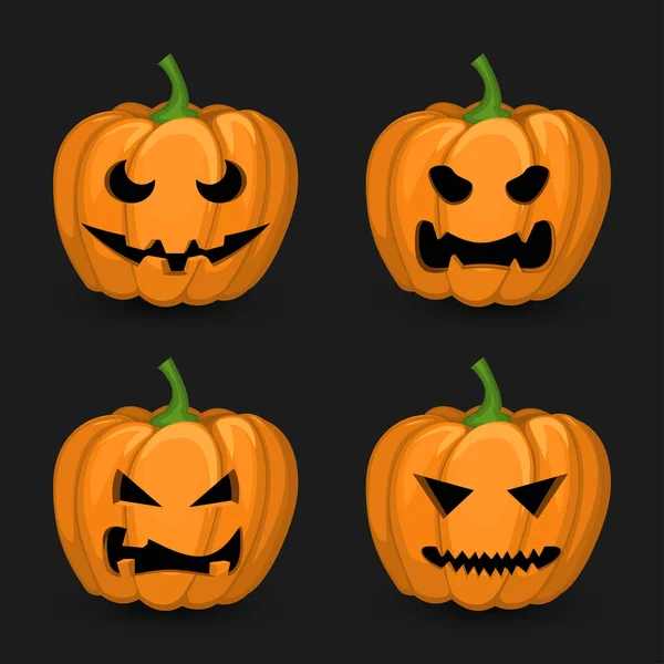 Un conjunto de cuatro calabazas malvadas para la celebración de Halloween con diferentes emociones oscuras sobre un fondo oscuro . — Vector de stock