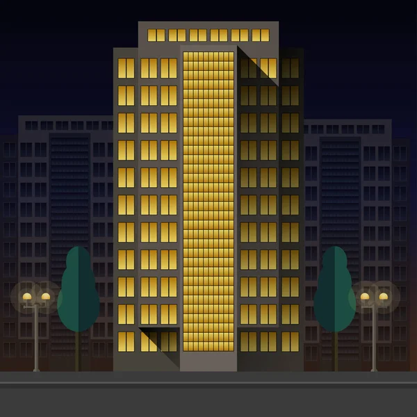 Biuro wieżowce w nocy na tle budynków mieszkalnych z drzewami i latarnie jasno oświetlając ulicę. — Wektor stockowy