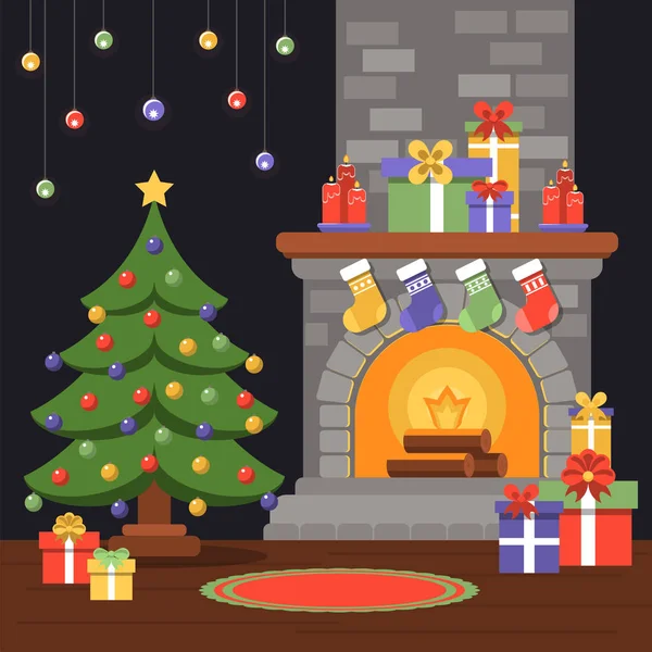 Intérieur avec cheminée et sapin de Noël décoré avant Noël. De nombreux cadeaux dans toute la pièce et des bougies allumées . — Image vectorielle