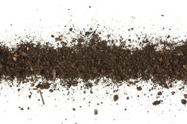 Beyaz arka planda kirli toprak. Doğal toprak dokusu