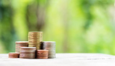 Bozuk paralar ahşap arka plan ve finansal konsept üzerine dizilmiş