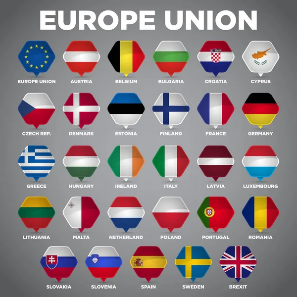 Banderas de la Nación del Punto Pin de la Unión Europea — Vector de stock