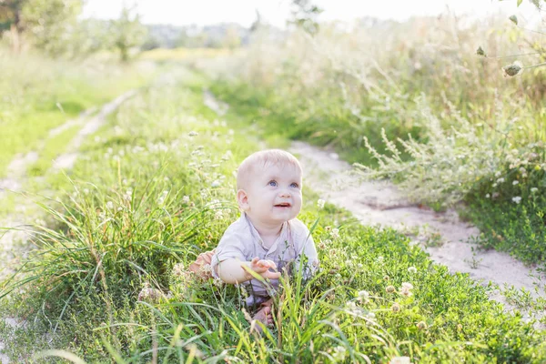 Retrato de menino loiro bonito sentado na grama — Fotografia de Stock