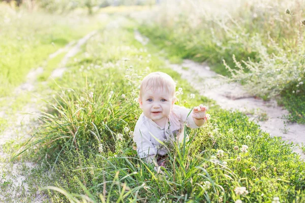 Retrato de menino loiro bonito sentado na grama — Fotografia de Stock