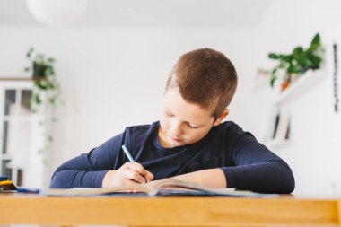 Liseli evde masa üzerinde ödevini yapıyor. Evde eğitim kavramı