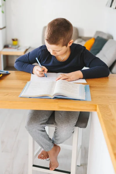 Schoolboy doing his homework on desk at home. Homeschooling concept