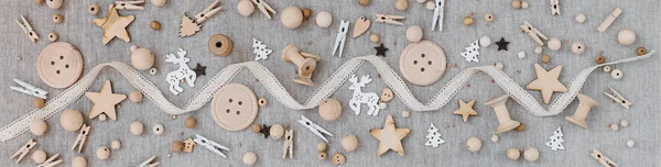 Banner Craft Wooden Christmas Flatlay Farbic Background Wooden Supplies Cotton — Stock Photo, Image