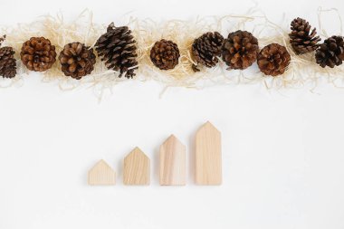 Talaş ve ahşap bloklar ev şekli pinecones dizi dizilmiş. Emlak Satış ve fiyat kavramı, kopya alanı artırın. Tatil zamanı