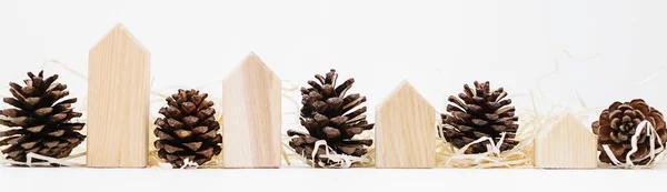 Lined Set Pinecones Wood Shavings Wooden Blocks House Shape Real — Stock Photo, Image