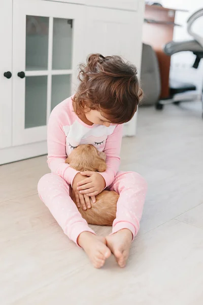 Cute Little Girl Playing Dog English Cocker Spaniel Puppy Home — Stock Photo, Image