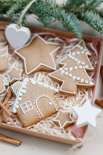 Biscoitos Gengibre Caseiros Natal Caixa Presente Decoração Árvore Natal — Fotografia de Stock