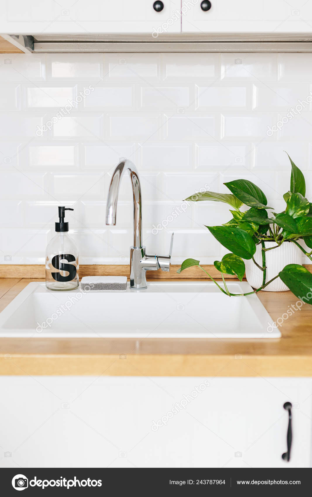 White Sink Soap Dispenser Wooden Countertop White Ceramic Brick