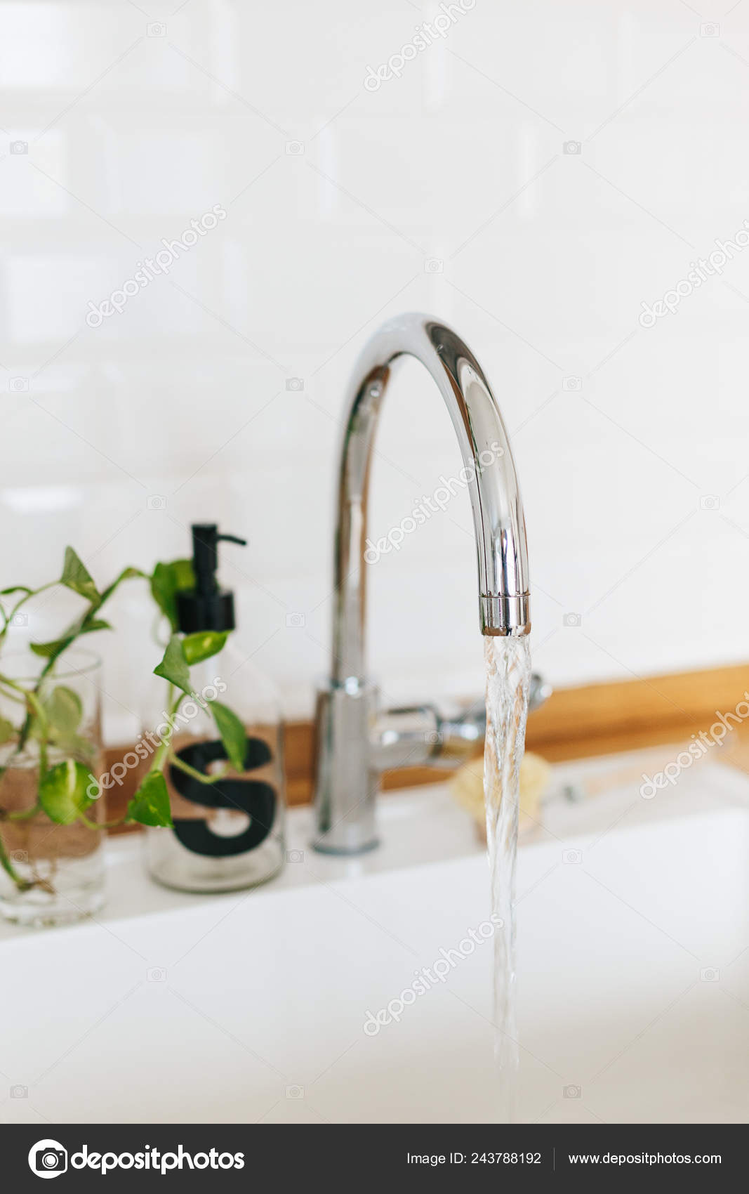 White Sink Soap Dispenser Wooden Countertop White Ceramic Brick