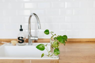 Arka plan beyaz lavabo sabun dispenseri ahşap tezgah ve beyaz seramik tuğla döşeme. Beyaz İskandinav mutfak detayları