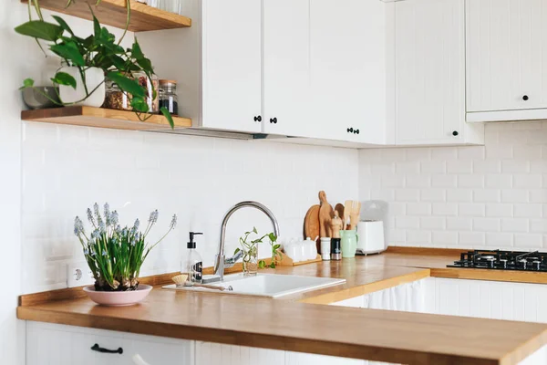 Modern white u-shaped kitchen in scandinavian style. Open shelves in the kitchen with plants and jars. Spring decoration