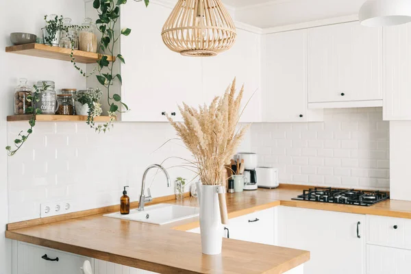 Modern white u-shaped kitchen in scandinavian style. Open shelves in the kitchen with plants and jars. Autumn decoration, selective focus on foreground. Sustainable living eco friendly kitchen