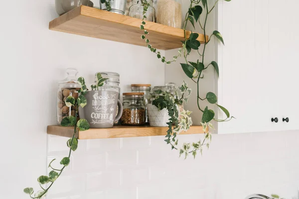 Open wooden shelves in the kitchen with jars and houseplant, pantry. View of the kitchen. Selective focus. Sustainable living eco friendly kitchen