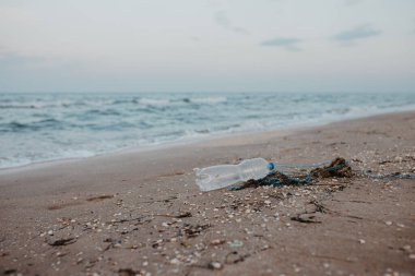 Kıyıda duran plastik evcil hayvan şişesi çevreyi kirletiyor. Kumsalda çöp..