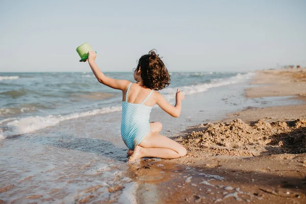 Happy Child Girl Playing Beach Day Time Lifestyle Photography — Stock Photo, Image
