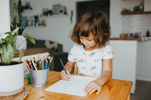 Nettes Fünfjähriges Mädchen Das Hause Mathematik Lernt Bildung Und Fernunterricht — Stockfoto