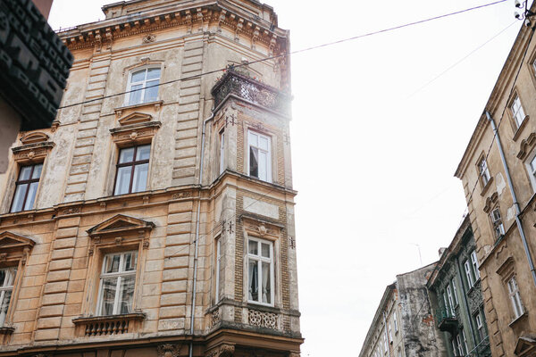 Old architecture tower building medieval city street of Lviv Ukraine Europe historical town center landmark