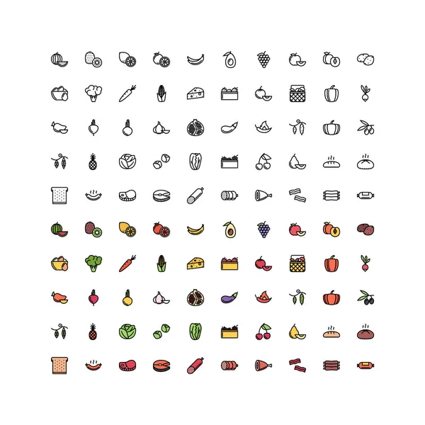 颜色和轮廓在白色背景上的食物图标 — 图库矢量图片