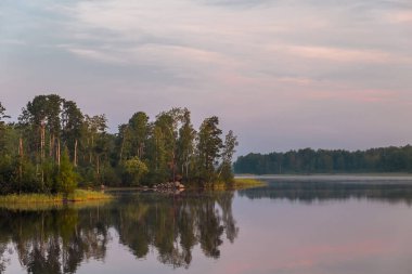 Sabah manzara Adaları ve çam ağaçları ile bir gölde