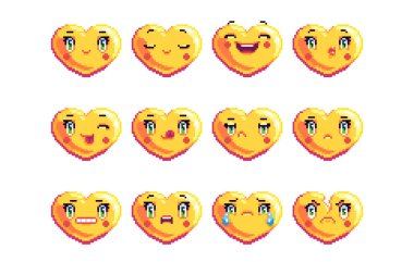 Set of 12 common heart shaped pixel art emoji in golden color smile happy lough sad angry clipart