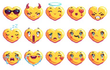 15 özel dizi eğlence şeklinde piksel sanat emoji altın rengi güneş gözlüğü, şeytan, saint, Uykulu, hasta kalp