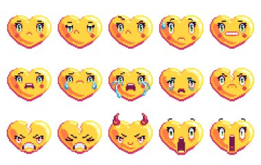 15 olumsuz duygular kalp topluluğu piksel sanat emoji altın renkli üzgün hayal kırıklığına şeytan endişeli korkuyor kızgın şeklinde