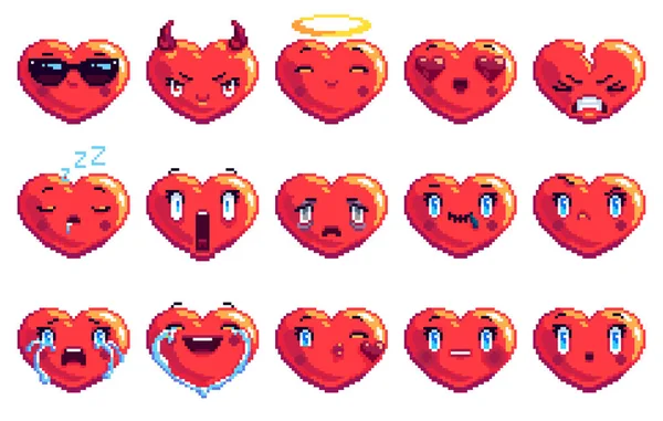 Set Emoji Especiales Arte Píxeles Forma Corazón Divertido Gafas Sol — Archivo Imágenes Vectoriales