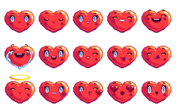 Collection of 15 positive emotions heart shaped pixel art emoji in red color fun laugh smile happy love