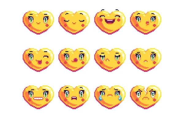 Set Comuni Pixel Art Emoji Forma Cuore Colore Dorato Sorriso — Vettoriale Stock