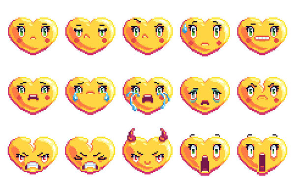 Коллекция из 15 негативных эмоций в форме сердца пиксельное искусство смайлик в золотом цвете сердитый разочарованный дьявол боится беспокоиться
