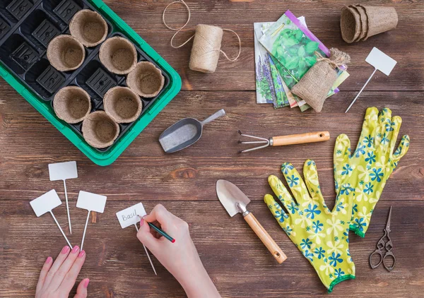 Stages of planting seeds, preparation, gardeners tools and utensils, colorful gloves, organic pots, scissors, woman hands writing the plants names