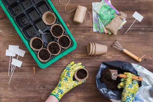 Stages of planting seeds, preparation, gardeners tools and utensils, colorful gloves, organic pots, scissors,woman hands filling the organic pots with soil
