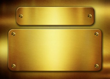 Golden metal plates with rivets on  on yellow surface background. Luxury shiny gold texture. 3D illustration clipart
